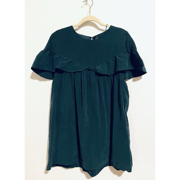 Zara Trf Romper Womens Large Dark Green Ruffle Babydoll Mini Pockets Cottagecore - Picture 2 of 6